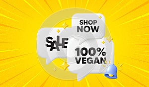 100 percent vegan. Organic bio food sign. 3d chat speech bubbles. Vector