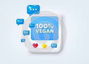 100 percent vegan. Organic bio food sign. Social media post 3d frame. Vector