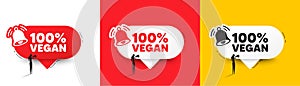 100 percent vegan. Organic bio food sign. Speech bubbles with bell. Vector