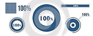 100% percentage infographic set. Hundred circle diagram, pie donut chart, progress bar. 100 percent loading data icon. Vector