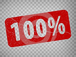 100 percentages Rubber Stamp. Red 100% Rubber Grunge  Rectangular Stamp Seal Vector for your design. Transparent background.