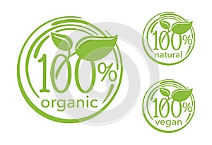 100 percents signs - natural, organic, vegan set