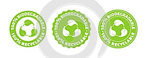 100 persent biodegradable recycle stamp. Vector reusable plastic bio package logo icon set. Eco sign