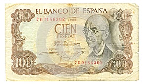 100 peseta bill of Spain, 1970 photo