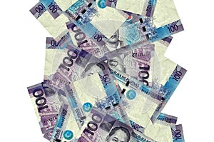 100 Philippine piso bills flying down isolated on white. Many banknotes falling with white copyspace on left and right side