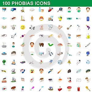 100 phobias icons set, cartoon style