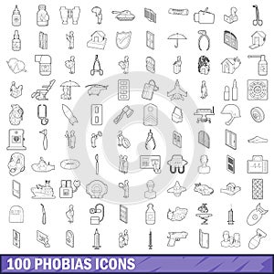 100 phobias icons set, outline style