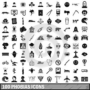 100 phobias icons set, simple style