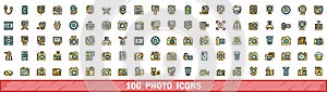 100 photo icons set, color line style