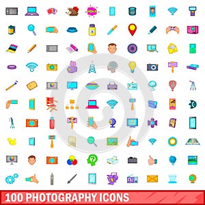 100 photography icons set, cartoon style