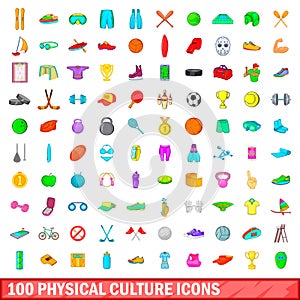 100 physical culture icons set, cartoon style
