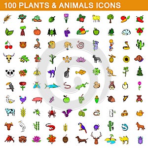 100 plants and animals icons set, cartoon style