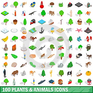 100 plants and animals icons set, isometric style