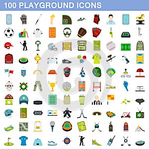 100 playground icons set, flat style