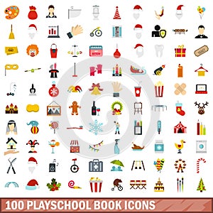 100 playschool book icons set, flat style