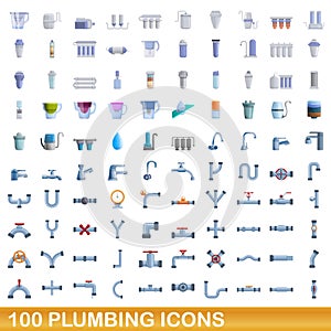 100 plumbing icons set, cartoon style