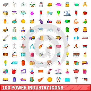 100 power industry icons set, cartoon style