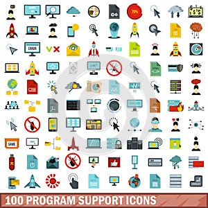 100 program support icons set, flat style