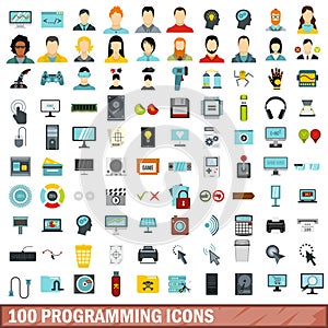 100 programming icons set, flat style