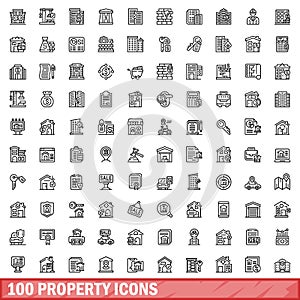 100 property icons set, outline style