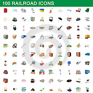 100 railroad icons set, cartoon style