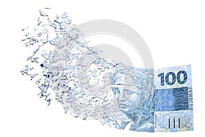 100 reais banknote evaporating in the air, money losing value, financial crisis and devaluation of the Brazilian real