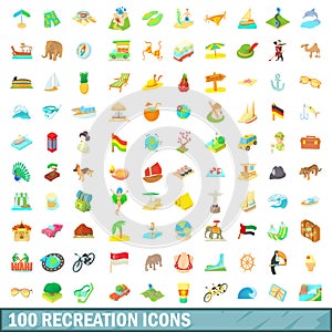 100 recreation icons set, cartoon style
