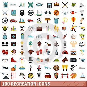 100 recreation icons set, flat style