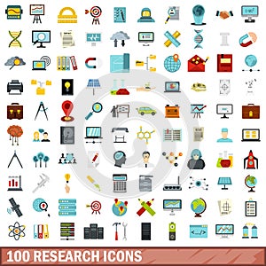 100 research icons set, flat style