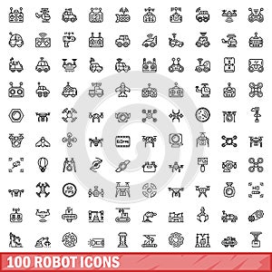 100 robot icons set, outline style