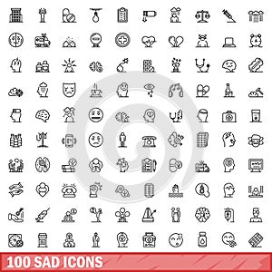 100 sad icons set, outline style