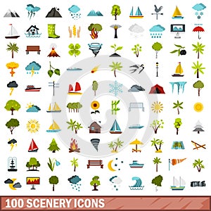 100 scenery icons set, flat style