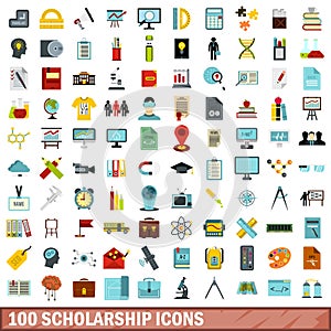 100 scholarship icons set, flat style