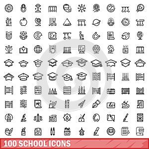 100 school icons set, outline style