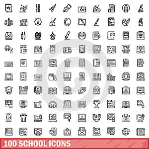 100 school icons set, outline style