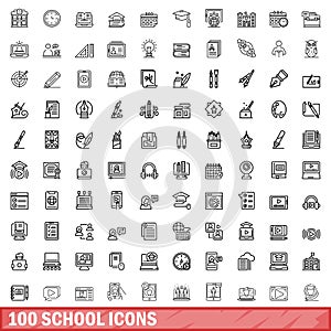 100 school icons set, outline style