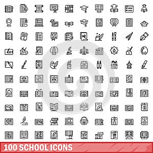 100 school icons set, outline style