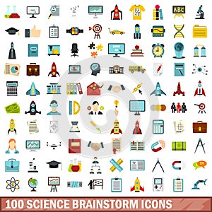 100 science brainstorm icons set, flat style