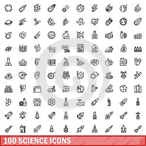 100 science icons set, outline style