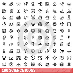 100 science icons set, outline style