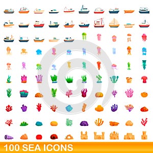 100 sea icons set, cartoon style