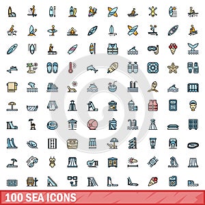 100 sea icons set, color line style