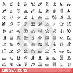 100 sea icons set, outline style