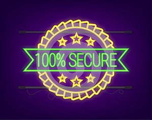 100 Secure grunge neon icon. Badge or button for commerce website. Vector stock illustration.