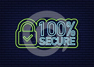 100 Secure grunge vector neon icon. Badge or button for commerce website. Vector stock illustration.