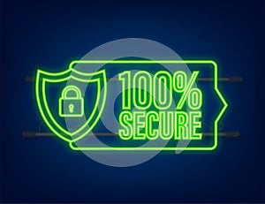 100 Secure grunge vector neon icon. Badge or button for commerce website. Vector stock illustration