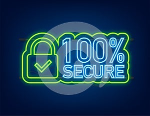 100 Secure grunge vector neon icon. Badge or button for commerce website. Vector stock illustration