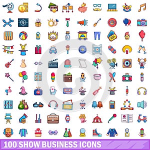 100 show business icons set, cartoon style