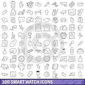 100 smart watch icons set, outline style