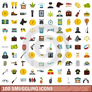 100 smuggling icons set, flat style